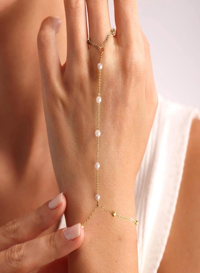 BAYLAY Hand Chain Bracelet, Ring Bracelet Hand Chain 14K Gold Plated Pearl Finger Ring Slave Bracelets Dainty Gold Bracelet for Women Hands Jewelry for Women Summer Essentials Boho Beach Gifts - Image 2